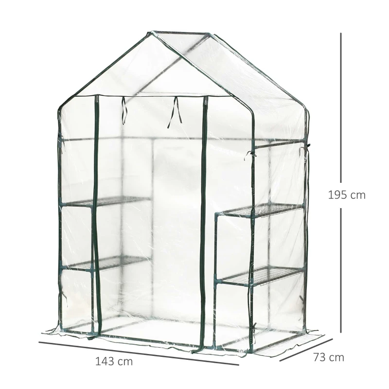 Outsunny Foliengewächshaus begehbares Gartenhäuschen Tomatengewächshaus Treibhaus Frühbeet mit 6 Regalen Transparent Stahl PVC-Kunststoff 143 x 73 x 195 cm
