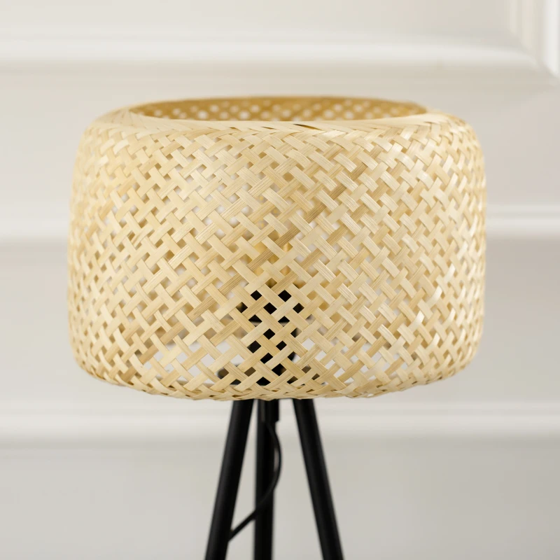 HOMCOM Tischleuchte im Boho-Stil, Lampenschirm aus Rattan, Stativ, 28 cm x 28 cm x 53 cm, Natur + Schwarz