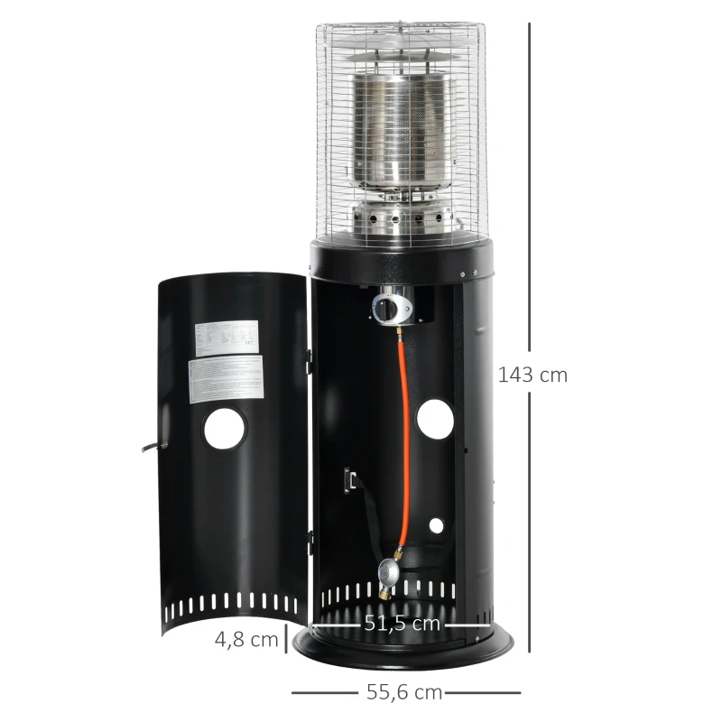 Outsunny warmtestraler terrasverwarmer met handvat wielen terrasverwarmer met automatische veiligheidsuitschakeling oprolbaar gas 10kW metaal RVS zwart Ø55,6 x 143 cm