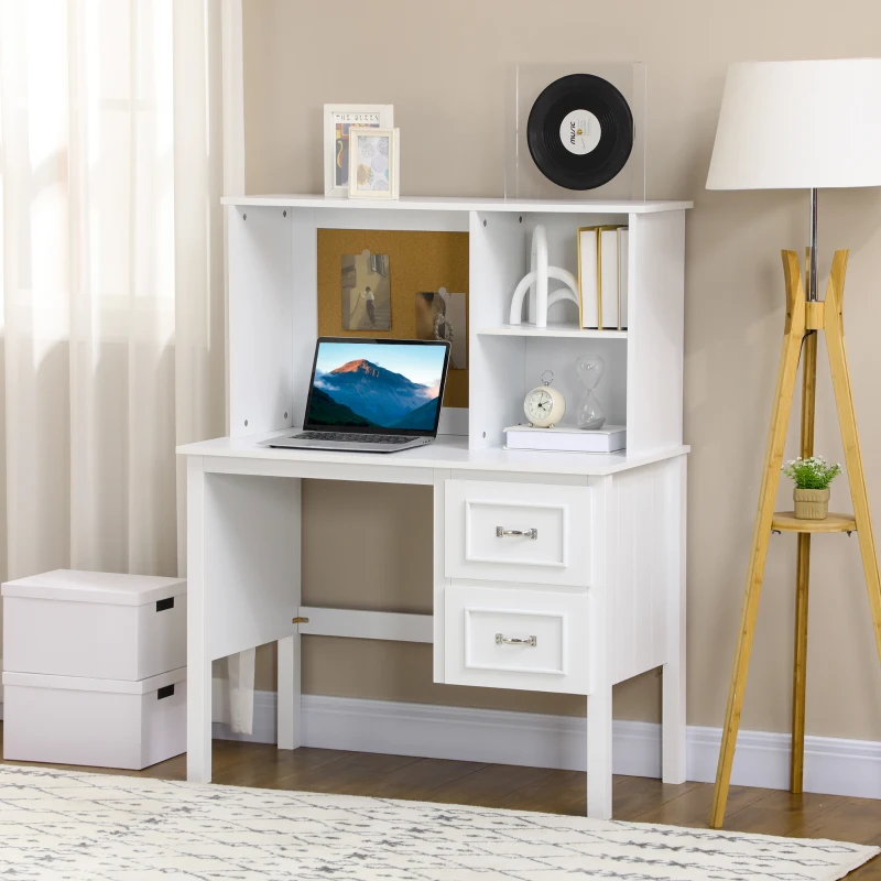 HOMCOM Schreibtisch, 2 Schubladen, 2 Regale, Korkwand, weiß, 100 x 50 x 127 cm