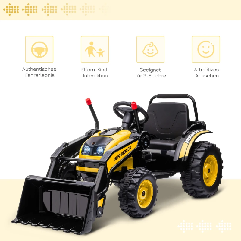 HOMCOM traptractor zittende graafmachine voor kinderen off-road voertuigen 2 instelbare snelheden tot 25 kg belastbaar met muziek schoparmen 3-5 jaar PP kunststof staal geel 132 x 62 x 65 cm