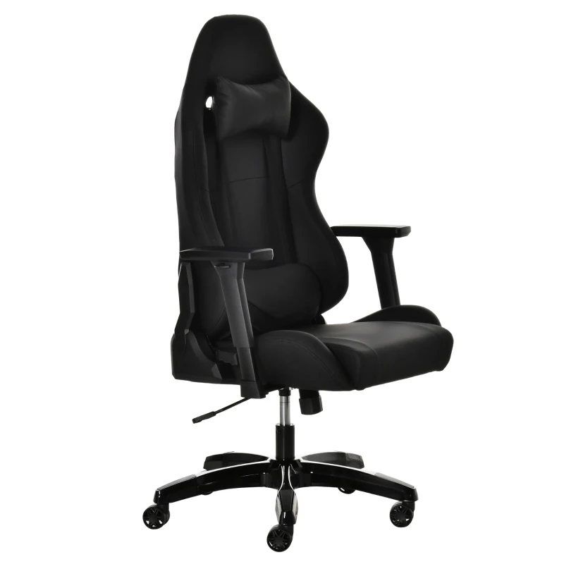 Vinsetto Gaming Stuhl mit Wipp- & Liegefunktion höhenverstellbarer Bürostuhl ergonomischer Drehstuhl mit Kopfstütze Lendenkissen 90-160° Neigungswinkel Schwarz Kunstleder 71 x 58 x 125-131 cm