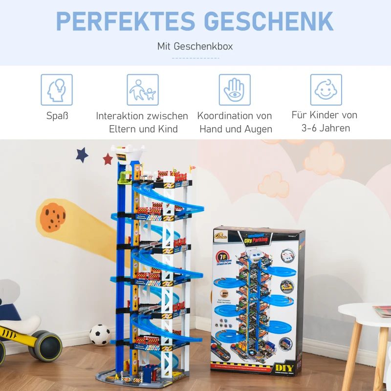 HOMCOM Parking Garage kinder Rennbahn Kinder Autorennbahn Parkgarage für Spielzeugautos mit Licht und Sound ab 3 Jahre ABS Blau+Weiß 64 x 59 x 113 cm