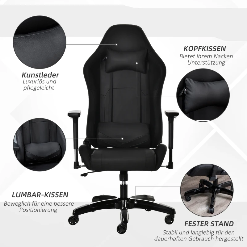 Vinsetto Gaming Stuhl mit Wipp- & Liegefunktion höhenverstellbarer Bürostuhl ergonomischer Drehstuhl mit Kopfstütze Lendenkissen 90-160° Neigungswinkel Schwarz Kunstleder 71 x 58 x 125-131 cm