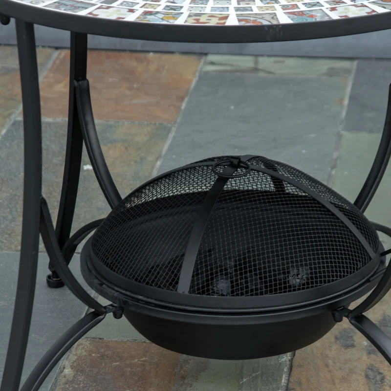 Outsunny Feuertisch Gartentisch mit Feuerschale Feuerstelle mit Funkenschutz & Grillrost Feuerkorb Outdoor für Heizung BBQ Garten Terrase Metall Fliese 75 x 75x 60 cm