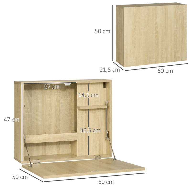 HOMCOM Wandklapptisch mit Regalen 60 cm x 21,5 cm x 50 cm Natur