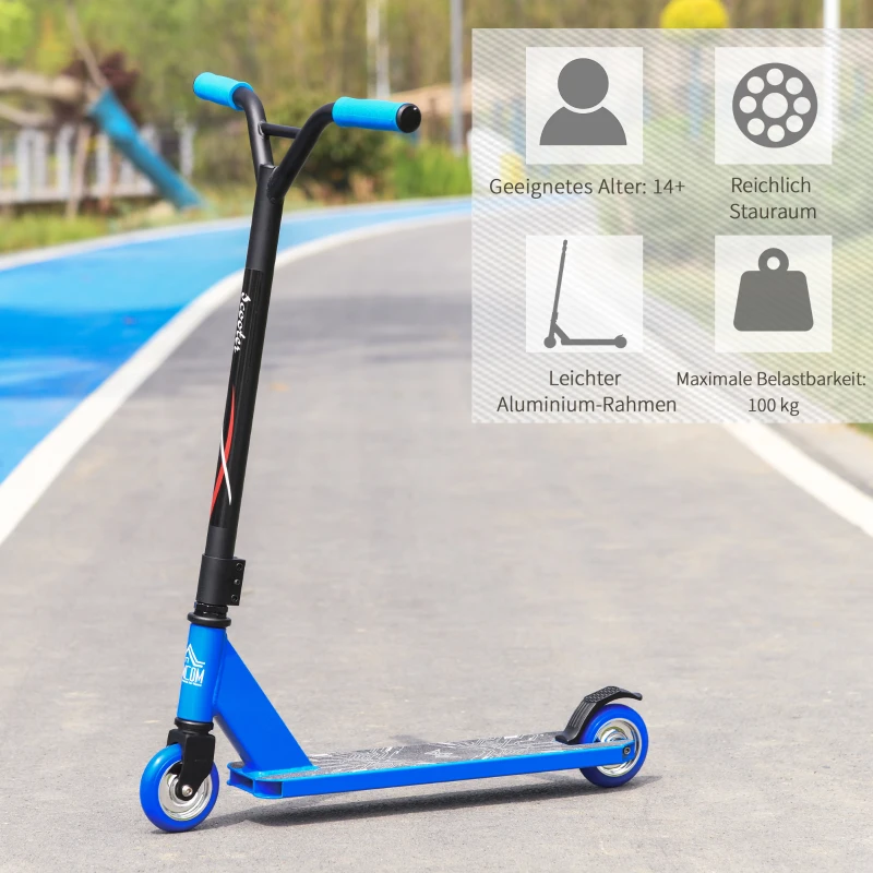 HOMCOM Stunt Scooter für Kinder über 14 Jahre alt Kick Scooter Fun Scooter mit Deck Gummigriffe Hinterradbremse ABEC-7 Kugellagern Aluminium Kunstleder Blau 68 x 46 x 84 cm