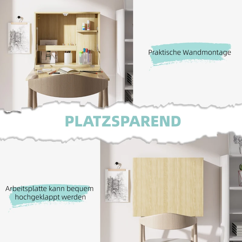 HOMCOM Wandklapptisch mit Regalen 60 cm x 21,5 cm x 50 cm Natur