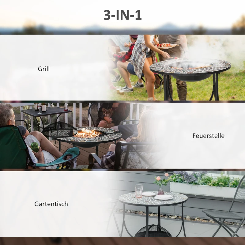 Outsunny Feuertisch Gartentisch mit Feuerschale Feuerstelle mit Funkenschutz & Grillrost Feuerkorb Outdoor für Heizung BBQ Garten Terrase Metall Fliese 75 x 75x 60 cm
