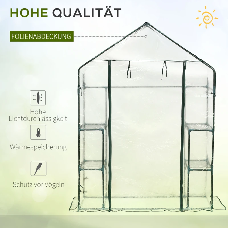 Outsunny Foliengewächshaus begehbares Gartenhäuschen Tomatengewächshaus Treibhaus Frühbeet mit 6 Regalen Transparent Stahl PVC-Kunststoff 143 x 73 x 195 cm