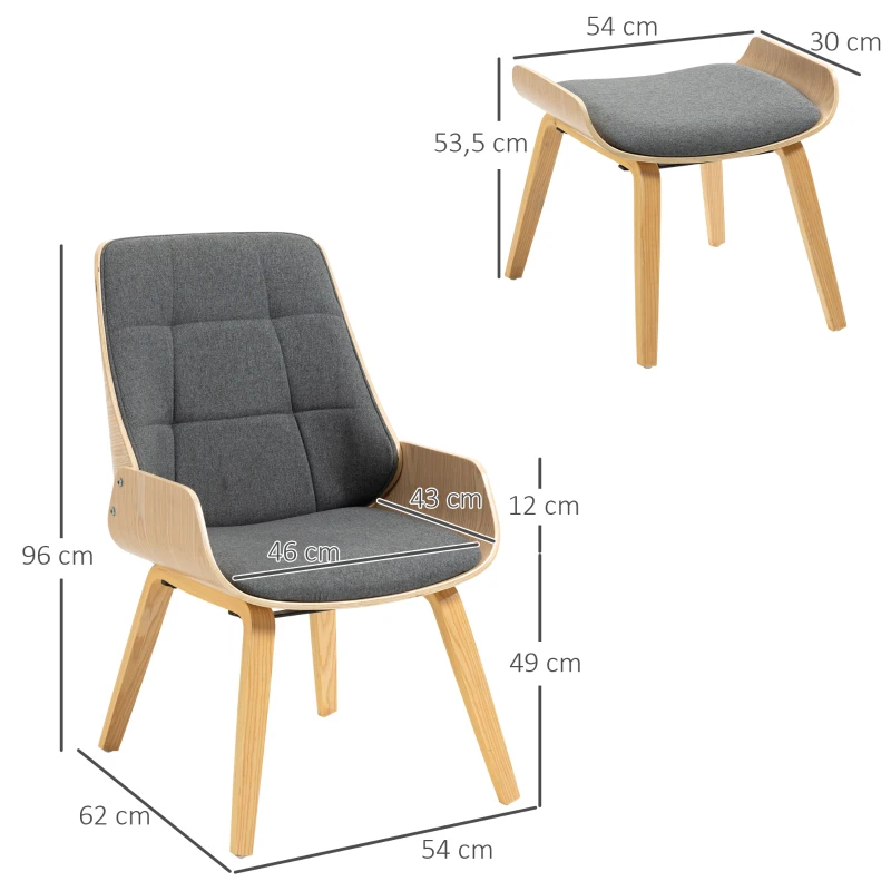 HOMCOM Sessel-Set im Skandidesign, Sessel mit Ottomane, weiche Polsterung, Bugholz, Leinenoptik, 54 x 62 x 96 cm