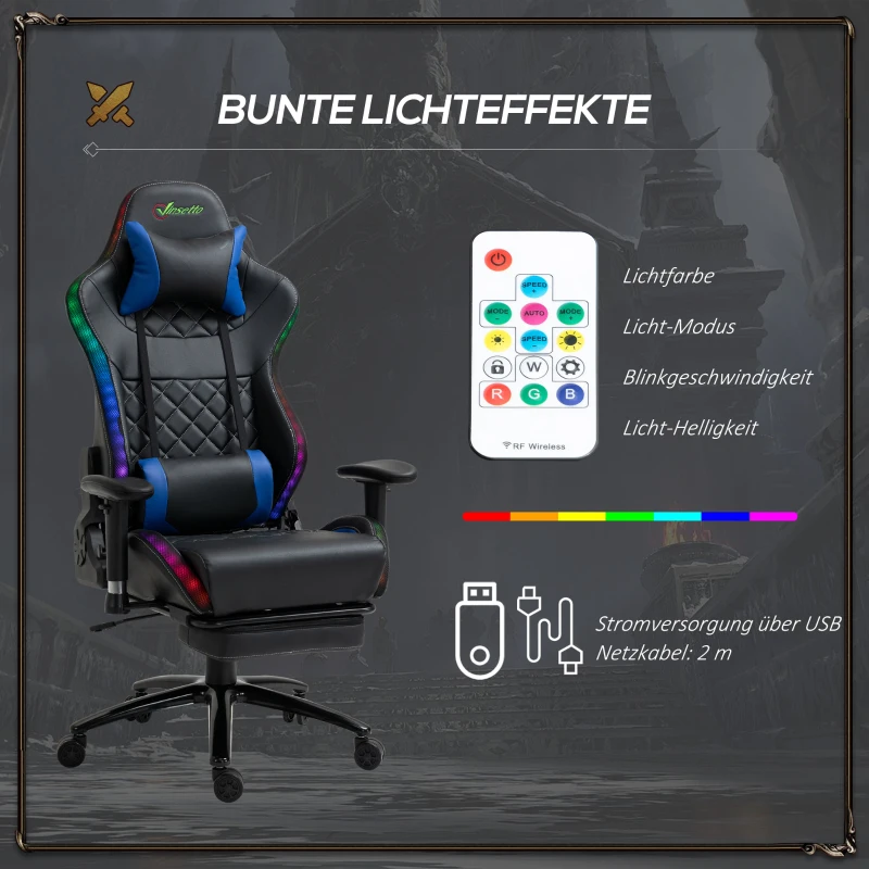 Vinsetto Gamingstuhl mit RGB LED-Leuchten Bürostuhl mit Wippenfunktion höhenverstellbarer Schreibtischstuhl Fußstütze ergonomisches Design modern Kunstleder Stahl Schwarz+Blau 71x74x 126-134 cm