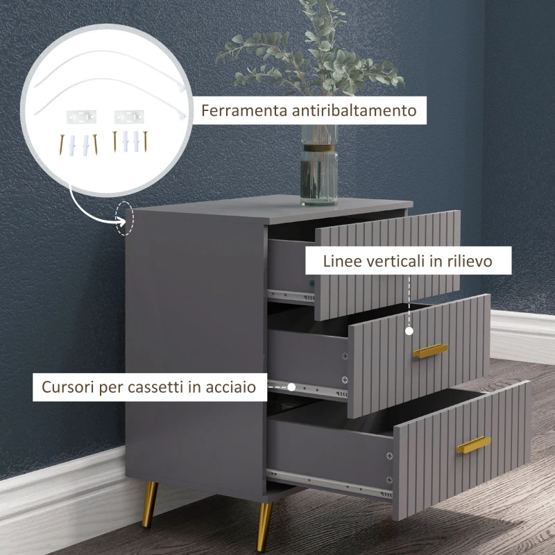 HOMCOM Cassettiera 3 Cassetti Moderna in Legno e Alluminio, 60x40x71.5 cm, Oro e Grigio Scuro