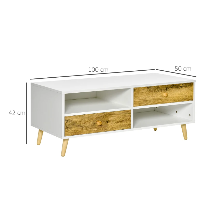 HOMCOM Couchtisch Wohnzimmertisch mit Schublade Regale Beistelltisch Kaffeetisch Teetisch Nachttisch Spanplatte Weiß+Braun 100 x 50 x 42 cm