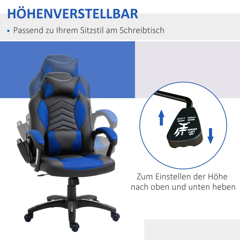HOMCOM Bürostuhl Massagesessel Massagefunktion mit 6 Vibrationspunkte Ergonomischer Gaming Stuhl mit Wärmefunktion Kunstleder Blau 68 x 69 x 108-117cm