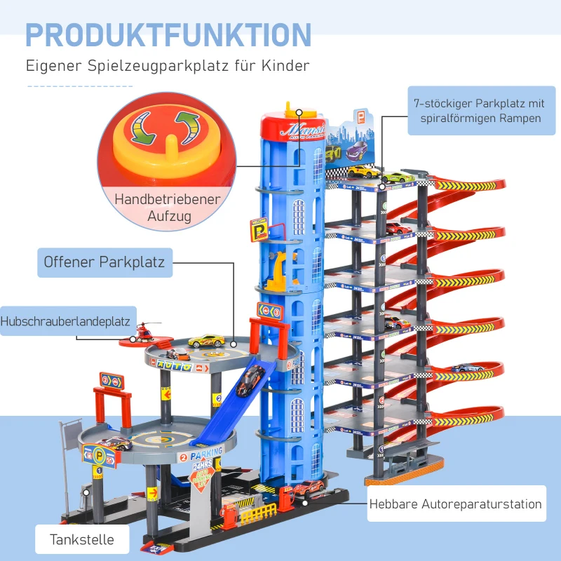 HOMCOM Parkgarage und Parkhaus für Kinder Parkgarage Spielset ab 3 Jahren Spielzeugautos Komplett mit Hubschrauber PP-Kunststoff PS Blau+Grau+Rot 92 x 46 x 71 cm