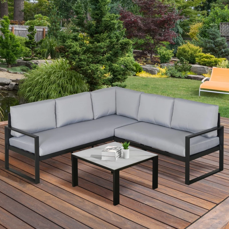 Outsunny Gartengarnitur für 4 Personen Gartenmöbel-Set Gartenset mit Couchtisch Sofa mit Kissen Outdoor Aluminium Grau