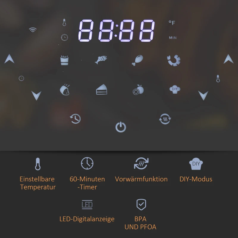 HOMCOM Heißluftfritteuse, Heißluftofen, 7 Programme, herausnehmbarer Korb, Überhitzungsschutz, schwarz, 36 x 33 x 27cm