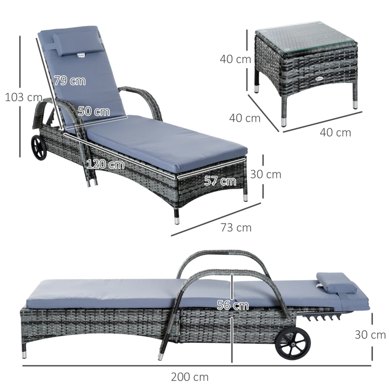 Outsunny Poly-rotan ligstoelset met tafel ligbank voor buiten tuinmeubelen met kussens