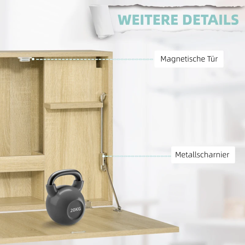 HOMCOM Wandklapptisch mit Regalen 60 cm x 21,5 cm x 50 cm Natur