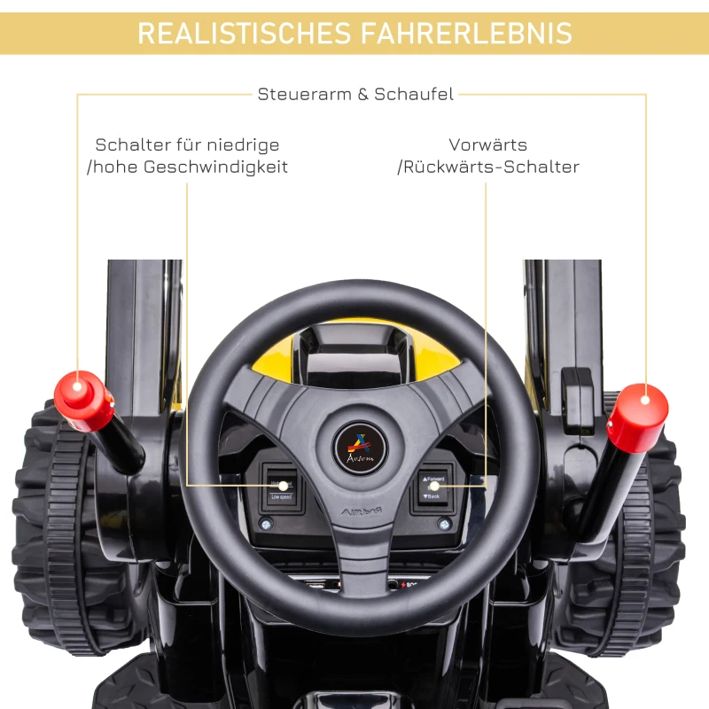 HOMCOM traptractor zittende graafmachine voor kinderen off-road voertuigen 2 instelbare snelheden tot 25 kg belastbaar met muziek schoparmen 3-5 jaar PP kunststof staal geel 132 x 62 x 65 cm
