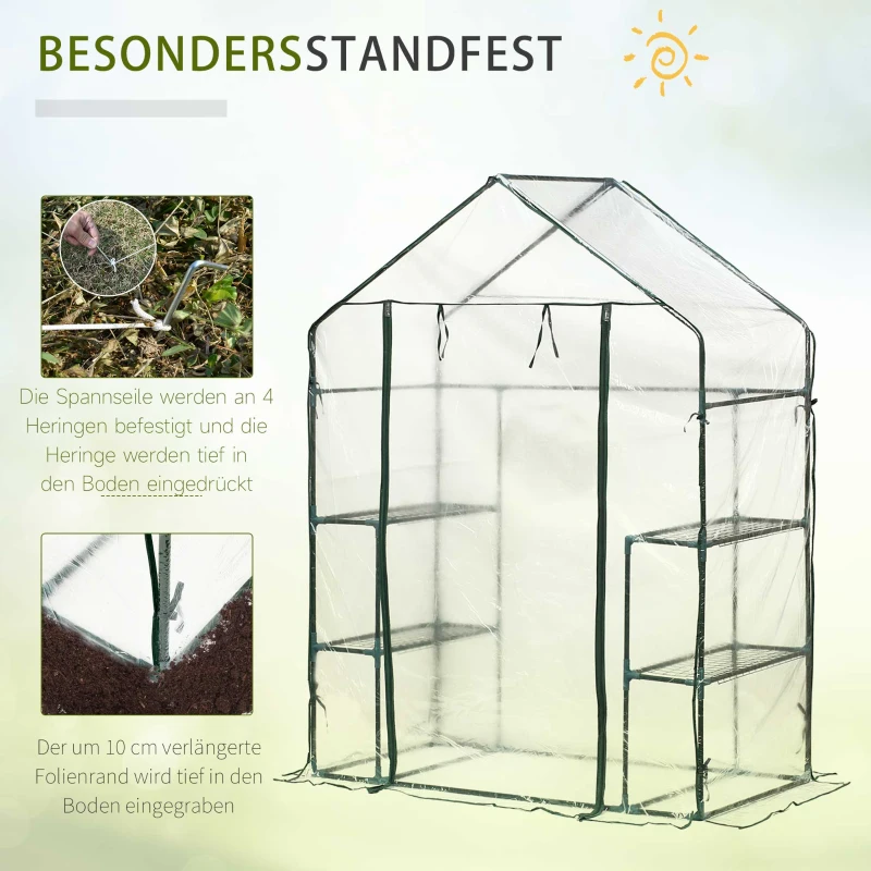 Outsunny Foliengewächshaus begehbares Gartenhäuschen Tomatengewächshaus Treibhaus Frühbeet mit 6 Regalen Transparent Stahl PVC-Kunststoff 143 x 73 x 195 cm