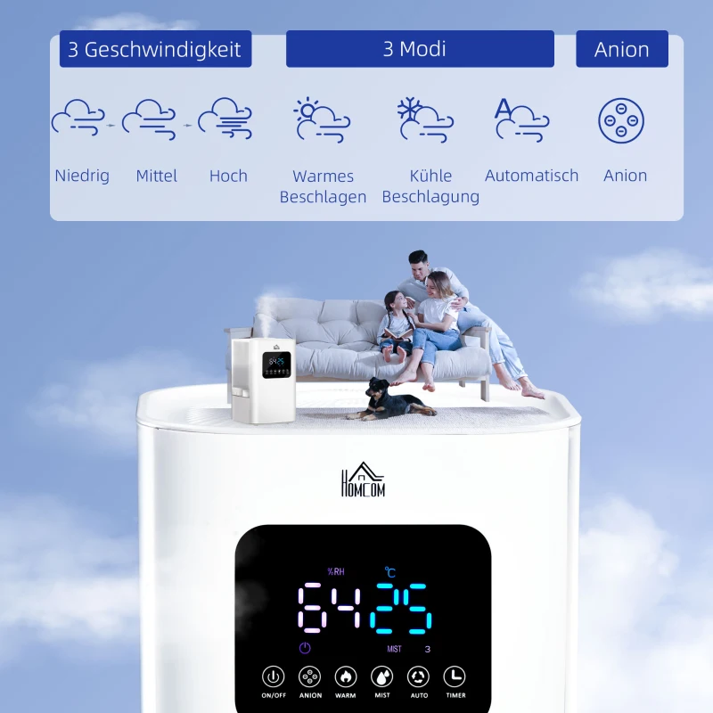 HOMCOM Luftbefeuchter, 3 Modi, 3 Geschwindigkeiten, Timer, Fernbedienung, weiß, 21,4 x 21,4 x 32,4cm