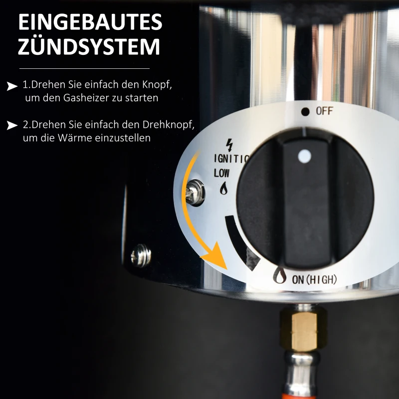 Outsunny warmtestraler terrasverwarmer met handvat wielen terrasverwarmer met automatische veiligheidsuitschakeling oprolbaar gas 10kW metaal RVS zwart Ø55,6 x 143 cm