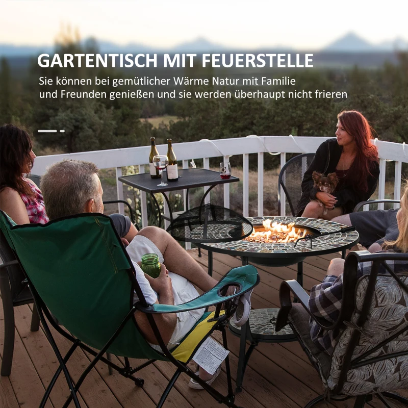 Outsunny Feuertisch Gartentisch mit Feuerschale Feuerstelle mit Funkenschutz & Grillrost Feuerkorb Outdoor für Heizung BBQ Garten Terrase Metall Fliese 75 x 75x 60 cm