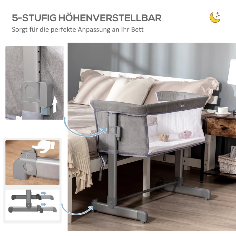 HOMCOM Babybett, Beistellbett, Reisebett, höhenverstellbar, mit Matratze, Stahl, grau, 86 x 50 x 83cm