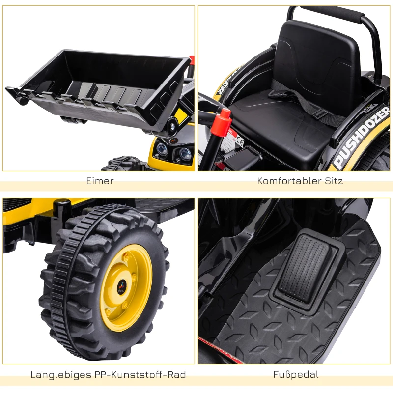 HOMCOM traptractor zittende graafmachine voor kinderen off-road voertuigen 2 instelbare snelheden tot 25 kg belastbaar met muziek schoparmen 3-5 jaar PP kunststof staal geel 132 x 62 x 65 cm