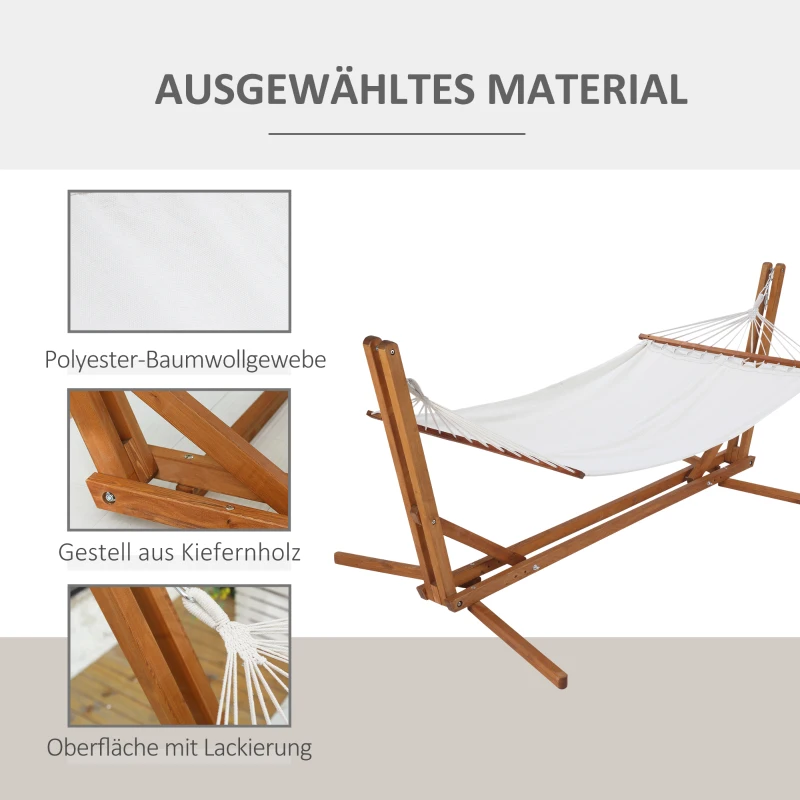Outsunny Hängematte mit Gestell verstellbar Hammock aus Kiefernholz Stabhängematte faltbar Outdoor Indoor Cremeweiß+Natur 388 x 120 x 89 cm