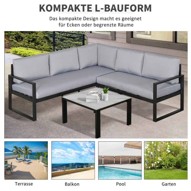 Outsunny Gartengarnitur für 4 Personen Gartenmöbel-Set Gartenset mit Couchtisch Sofa mit Kissen Outdoor Aluminium Grau