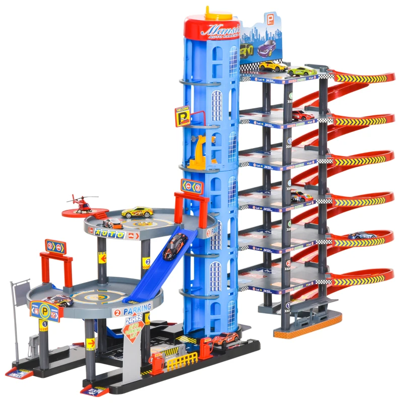 HOMCOM Parkgarage und Parkhaus für Kinder Parkgarage Spielset ab 3 Jahren Spielzeugautos Komplett mit Hubschrauber PP-Kunststoff PS Blau+Grau+Rot 92 x 46 x 71 cm