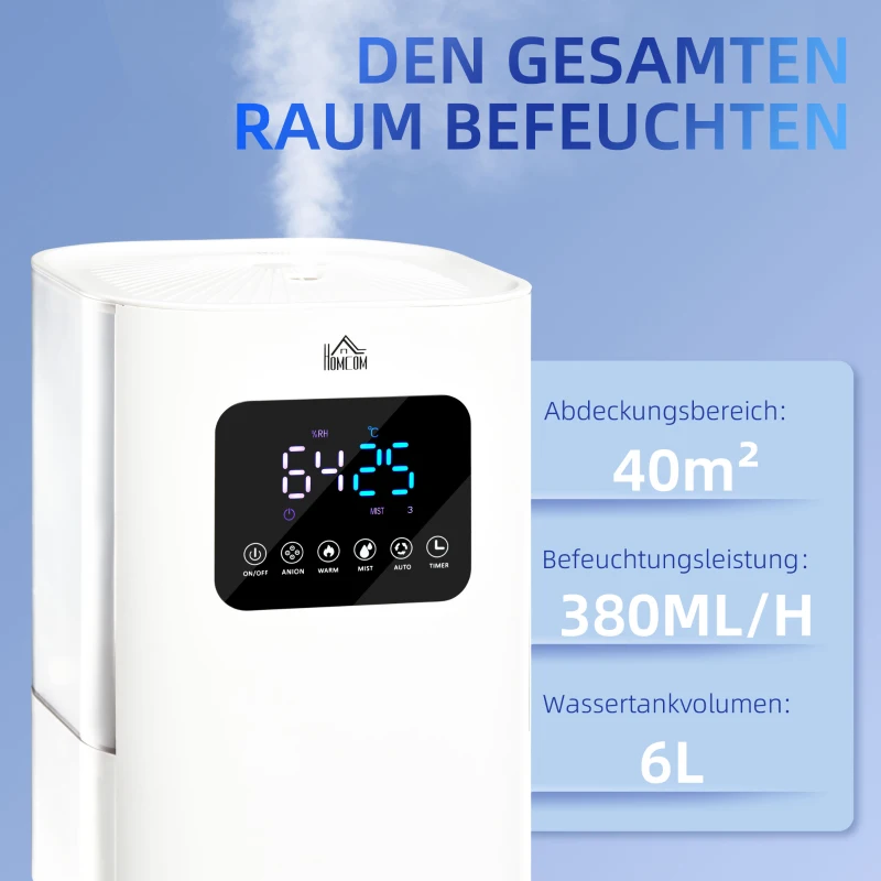 HOMCOM Luftbefeuchter, 3 Modi, 3 Geschwindigkeiten, Timer, Fernbedienung, weiß, 21,4 x 21,4 x 32,4cm