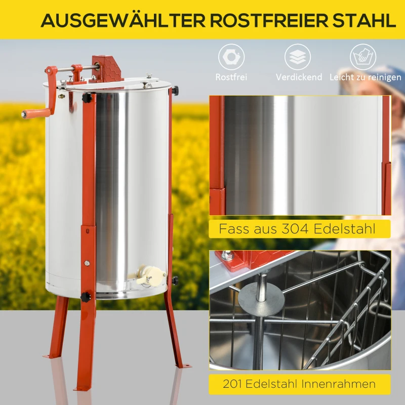 Outsunny Honigschleuder aus Edelstahl mit Handkurbel verstellbaren Beinen manuell für 3 Waben Ø54 x 115 cm