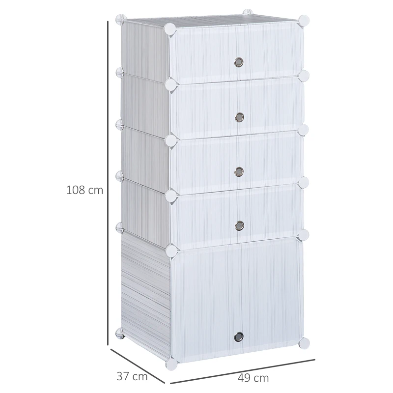 HOMCOM Regal mit Aufbewahrungsboxen, verstellbarer Schrank, Schuhregal, Kunststoff, Metall, Weiß+Grauer Streifen, 49 x 37 x 108 cm