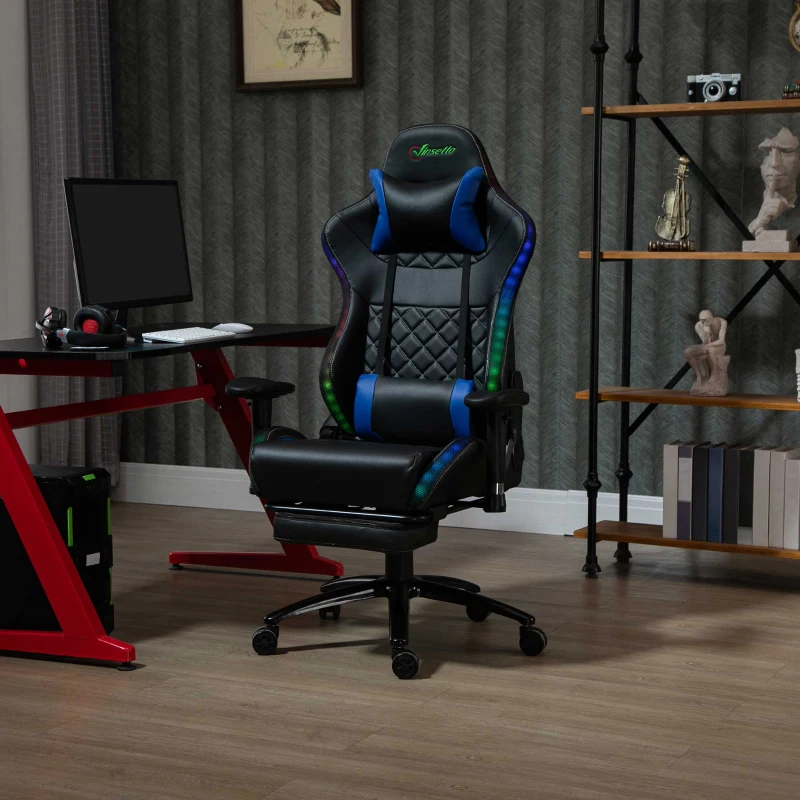 Vinsetto Gamingstuhl mit RGB LED-Leuchten Bürostuhl mit Wippenfunktion höhenverstellbarer Schreibtischstuhl Fußstütze ergonomisches Design modern Kunstleder Stahl Schwarz+Blau 71x74x 126-134 cm
