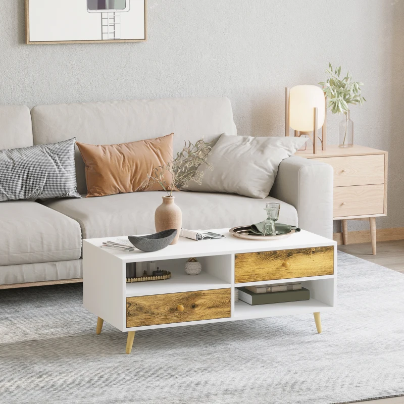 HOMCOM Couchtisch Wohnzimmertisch mit Schublade Regale Beistelltisch Kaffeetisch Teetisch Nachttisch Spanplatte Weiß+Braun 100 x 50 x 42 cm