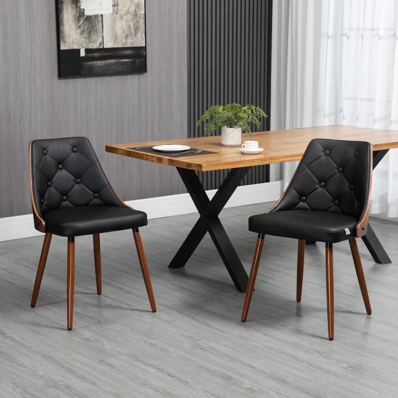 HOMCOM 2er-Set Stühle im Retrodesign, Akzentstuhl, Esszimmerstuhl, Knopfheftung, Holzbeine, Schwarz + Braun