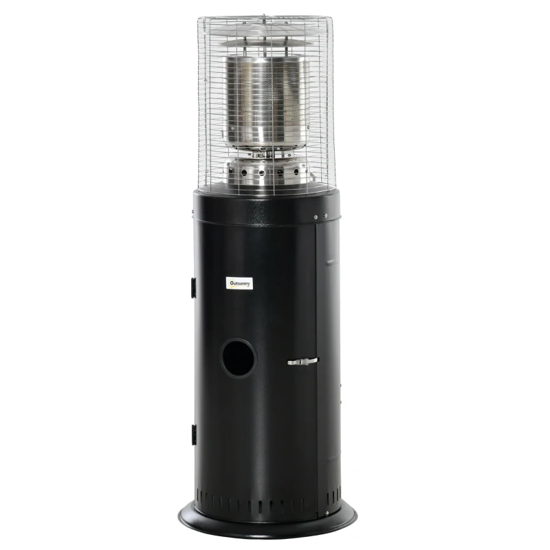 Outsunny warmtestraler terrasverwarmer met handvat wielen terrasverwarmer met automatische veiligheidsuitschakeling oprolbaar gas 10kW metaal RVS zwart Ø55,6 x 143 cm