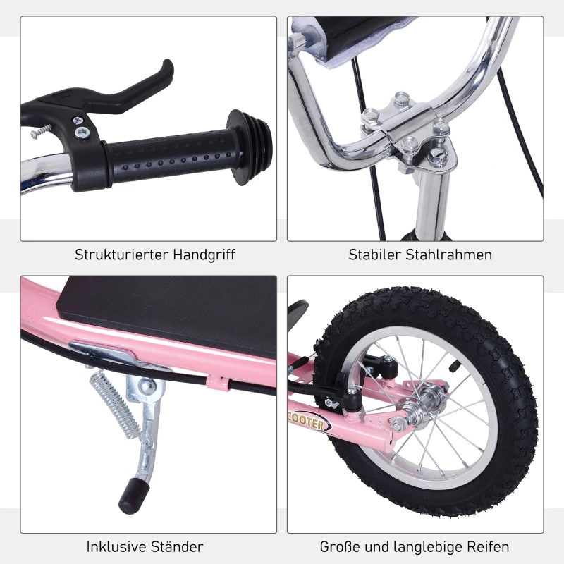 HOMCOM Roller Kinderroller mit Luftreifen Handbremse, 16 Zoll Tretroller Höhenverstellbar Kickscooter für Jungen und Mädchen ab 5 Jahre Kickboard Cityroller Kinder Scooter Rosa