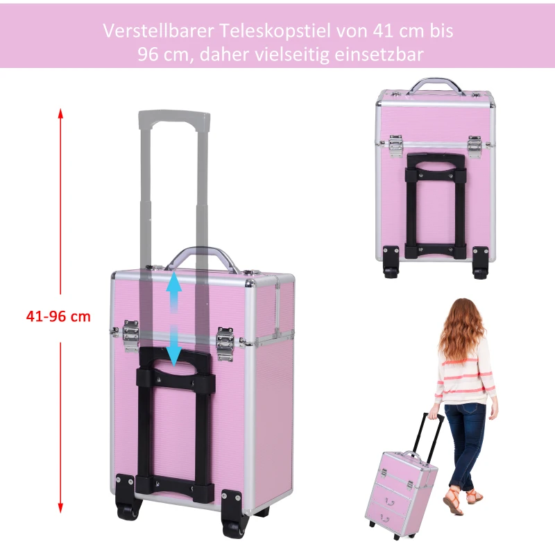 HOMCOM Kosmetikkoffer Trolley professioneller Schminkkoffer Friseurkoffer Make-up Koffer Multikoffer für Friseur mit Rollen 2 Schlüsseln ausziehbare Fächer Schubladen Rosa Alu 36 x 23 x 58 cm