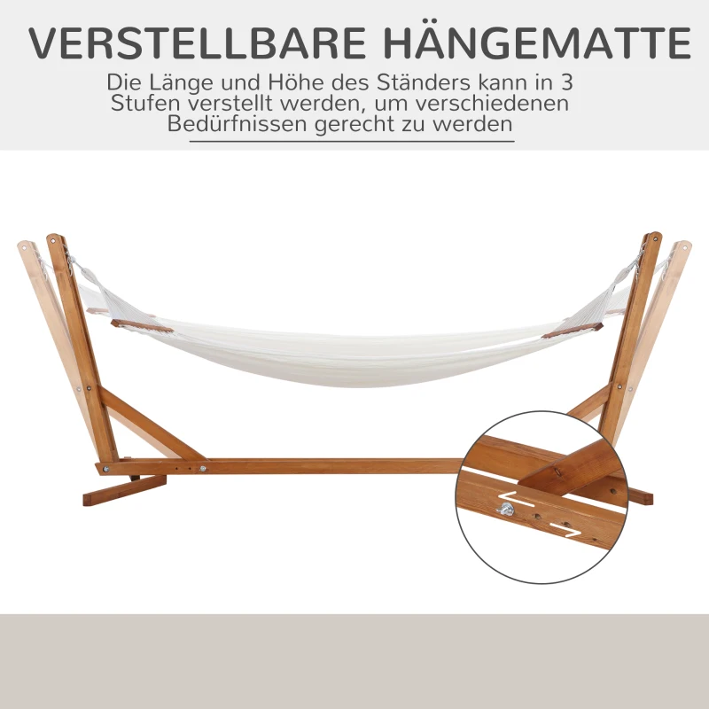 Outsunny Hängematte mit Gestell verstellbar Hammock aus Kiefernholz Stabhängematte faltbar Outdoor Indoor Cremeweiß+Natur 388 x 120 x 89 cm