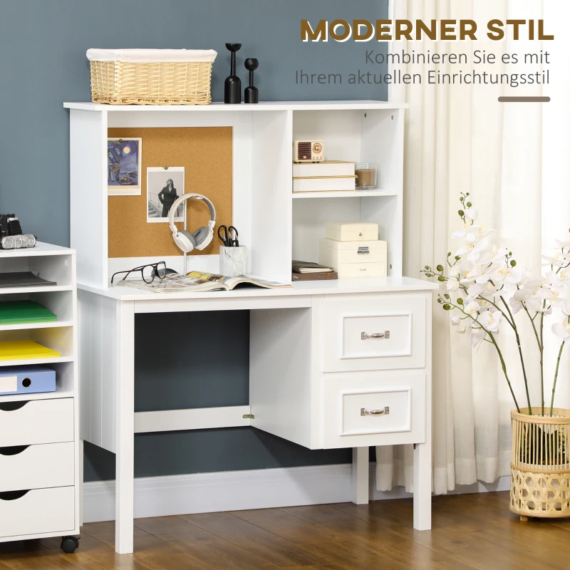HOMCOM Schreibtisch, 2 Schubladen, 2 Regale, Korkwand, weiß, 100 x 50 x 127 cm