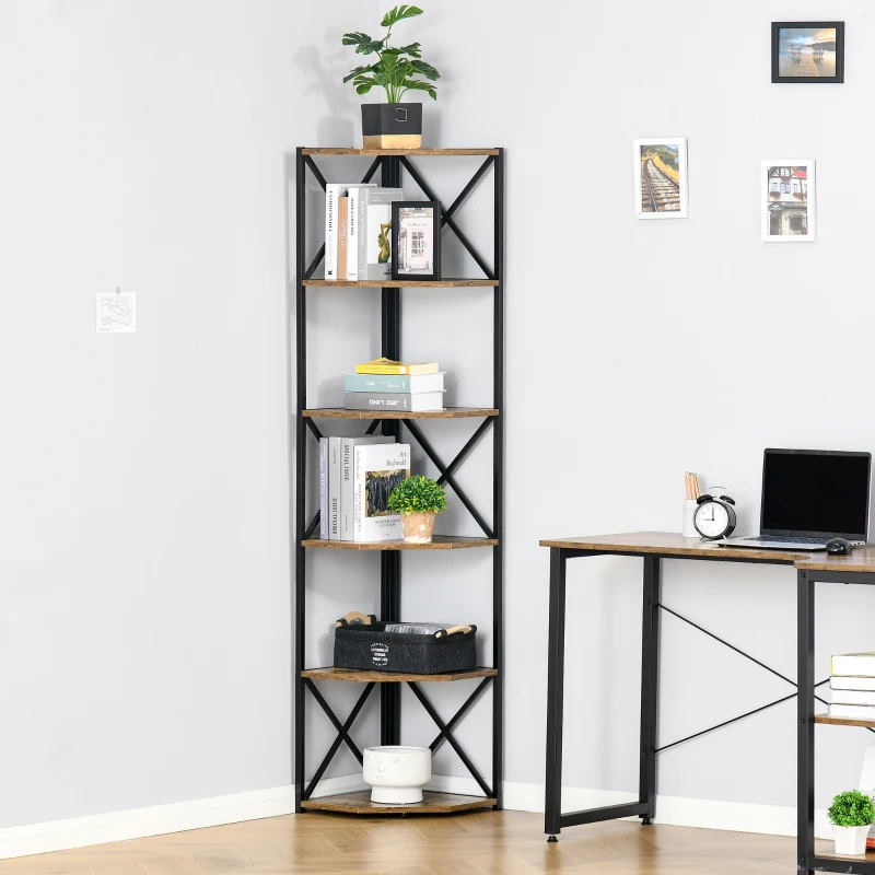 Homcom Biblioteca Colt Perete – Stil Industrial cu 5 Etajere