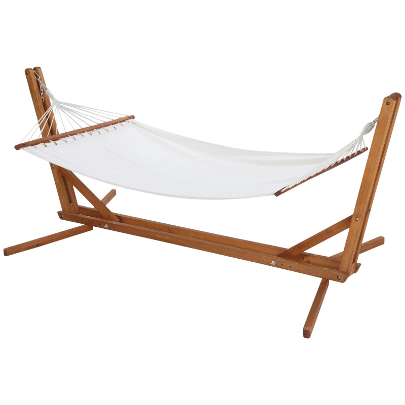Outsunny Hängematte mit Gestell verstellbar Hammock aus Kiefernholz Stabhängematte faltbar Outdoor Indoor Cremeweiß+Natur 388 x 120 x 89 cm