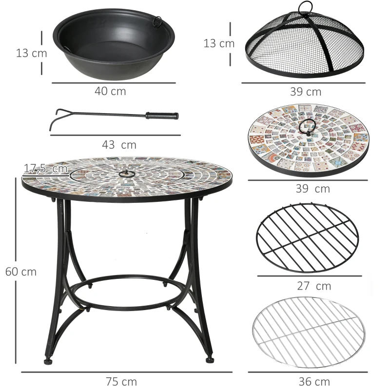 Outsunny Feuertisch Gartentisch mit Feuerschale Feuerstelle mit Funkenschutz & Grillrost Feuerkorb Outdoor für Heizung BBQ Garten Terrase Metall Fliese 75 x 75x 60 cm