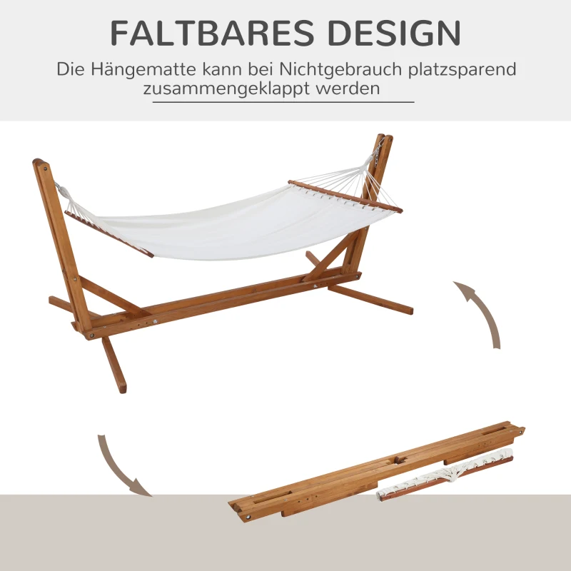 Outsunny Hängematte mit Gestell verstellbar Hammock aus Kiefernholz Stabhängematte faltbar Outdoor Indoor Cremeweiß+Natur 388 x 120 x 89 cm