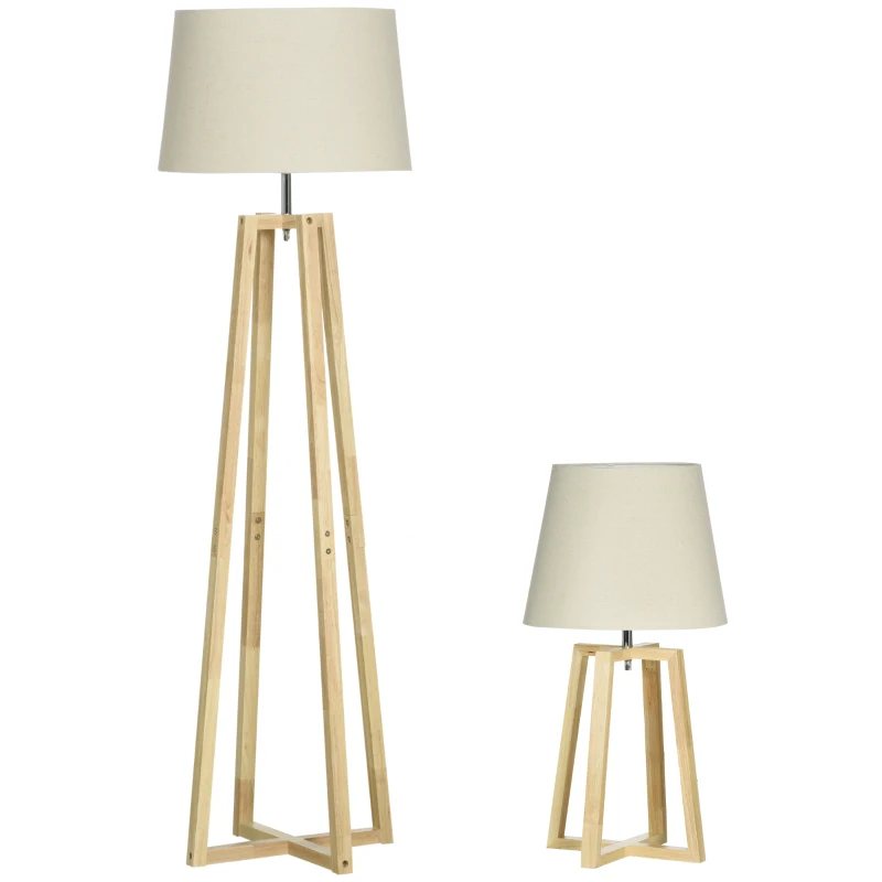 HOMCOM Stehlampe mit 1 Tischlampe 2er-Set Nachttischlampe 149 cm/68 cm Höhe Stehleuchte für Wohnzimmer Schlafzimmer Skandi-Design Weiß+Natur
